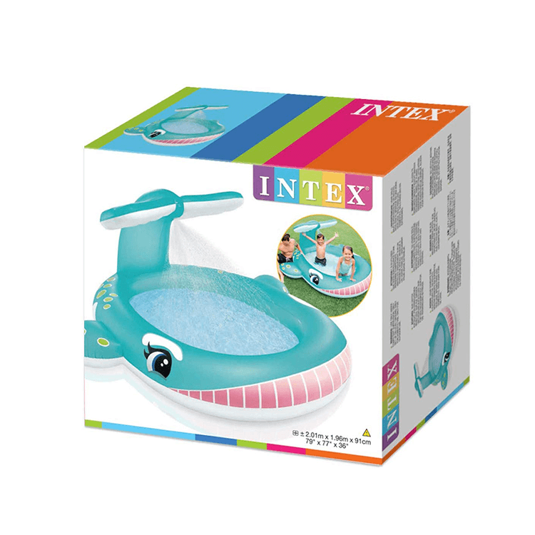 Intex Wet Set Collection Whale inflatable kids spray pool packaging box showing dimensions of 2.01m by 1.96m and kids playing.