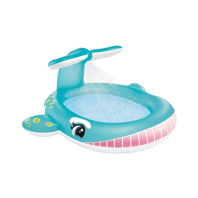 Intex friendly blue whale themed inflatable toddler wading pool featuring a built-in water sprayer in the raised tail.