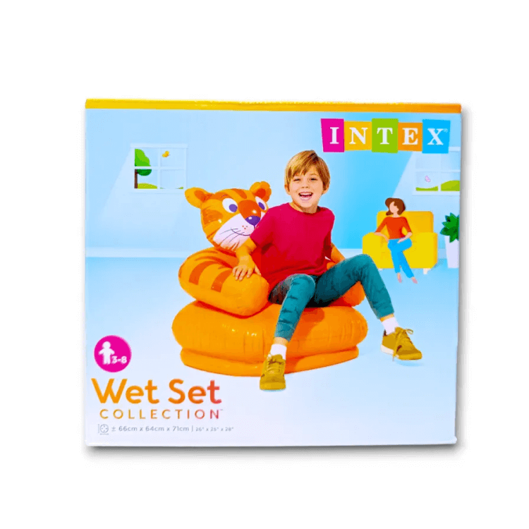 Intex Wet Set Collection box packaging featuring a happy young boy sitting in the orange Tiger inflatable kids chair. Shows dimensions of 66cm by 64cm by 71cm.