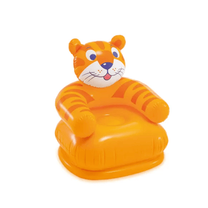 Intex inflatable kids armchair shaped like a friendly orange tiger with stripes, featuring armrests and a tall backrest.
