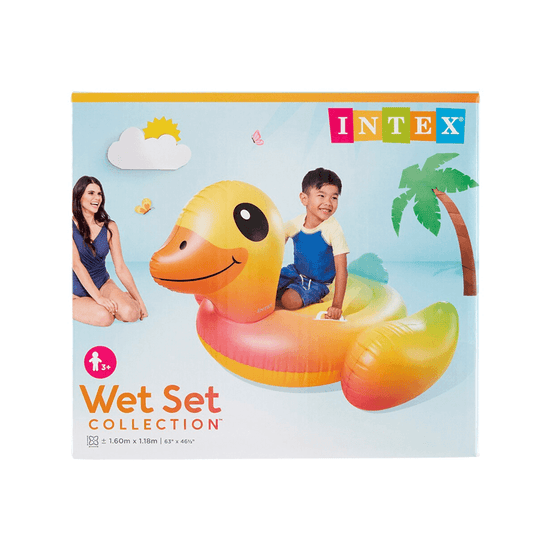 Intex Wet Set Collection packaging for a 1.60m by 1.18m colorful Duck ride-on inflatable pool float showing a young boy riding it.