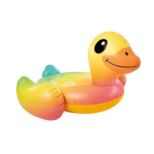 Side view of the inflated Intex Duck pool float featuring a friendly face, rainbow gradient colors, and a heavy-duty white grab handle.