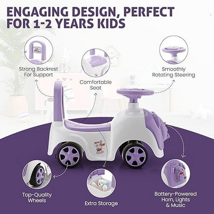 Baabus Rabbit Ride-On Push Car | Purple Bunny Design | Foot-to-Floor Walker Toy | Music & Light