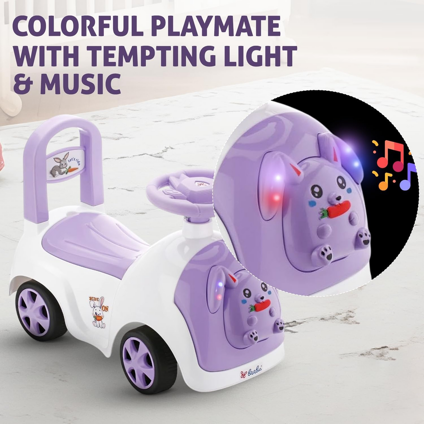 Baabus Rabbit Ride-On Push Car | Purple Bunny Design | Foot-to-Floor Walker Toy | Music & Light
