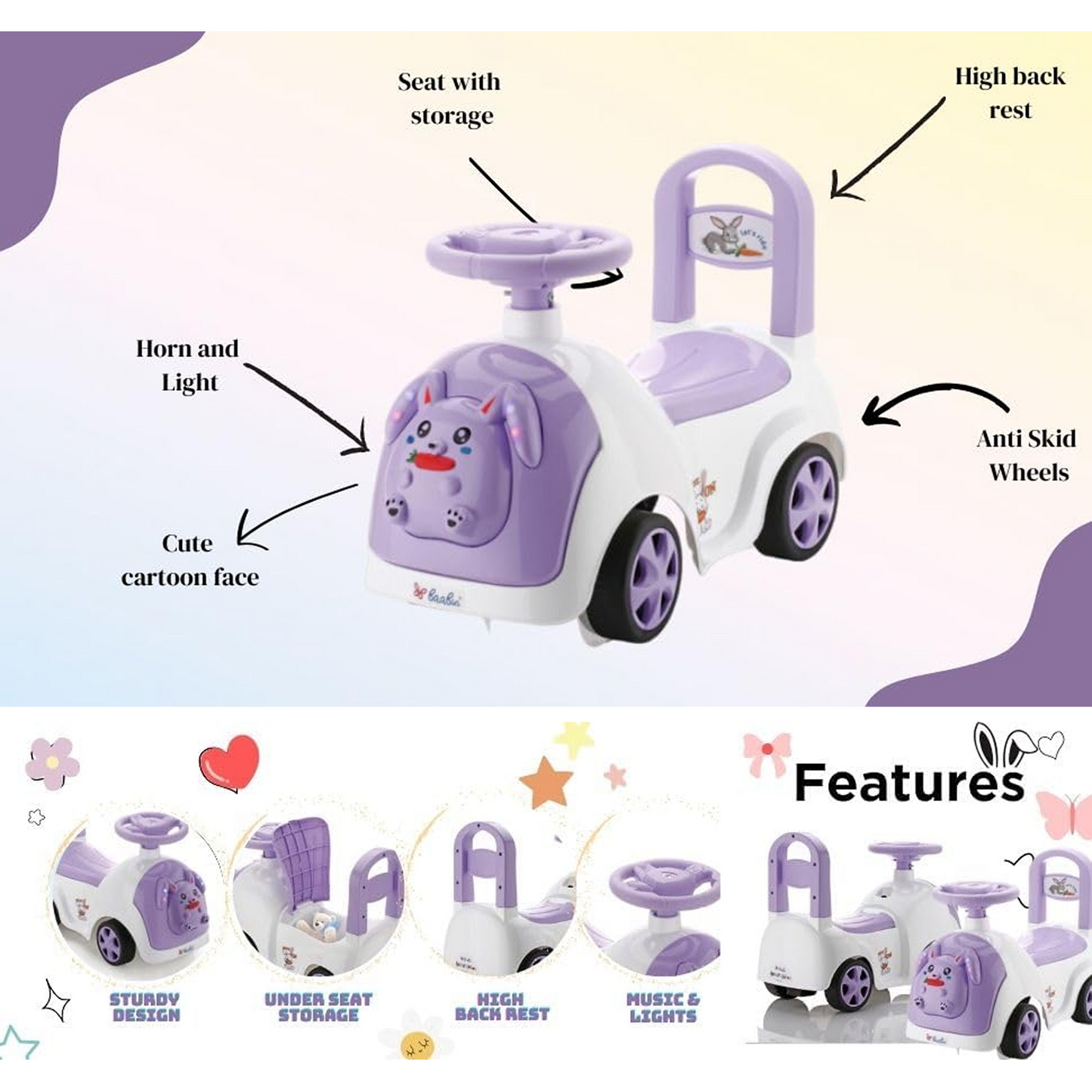 Baabus Rabbit Ride-On Push Car | Purple Bunny Design | Foot-to-Floor Walker Toy | Music & Light