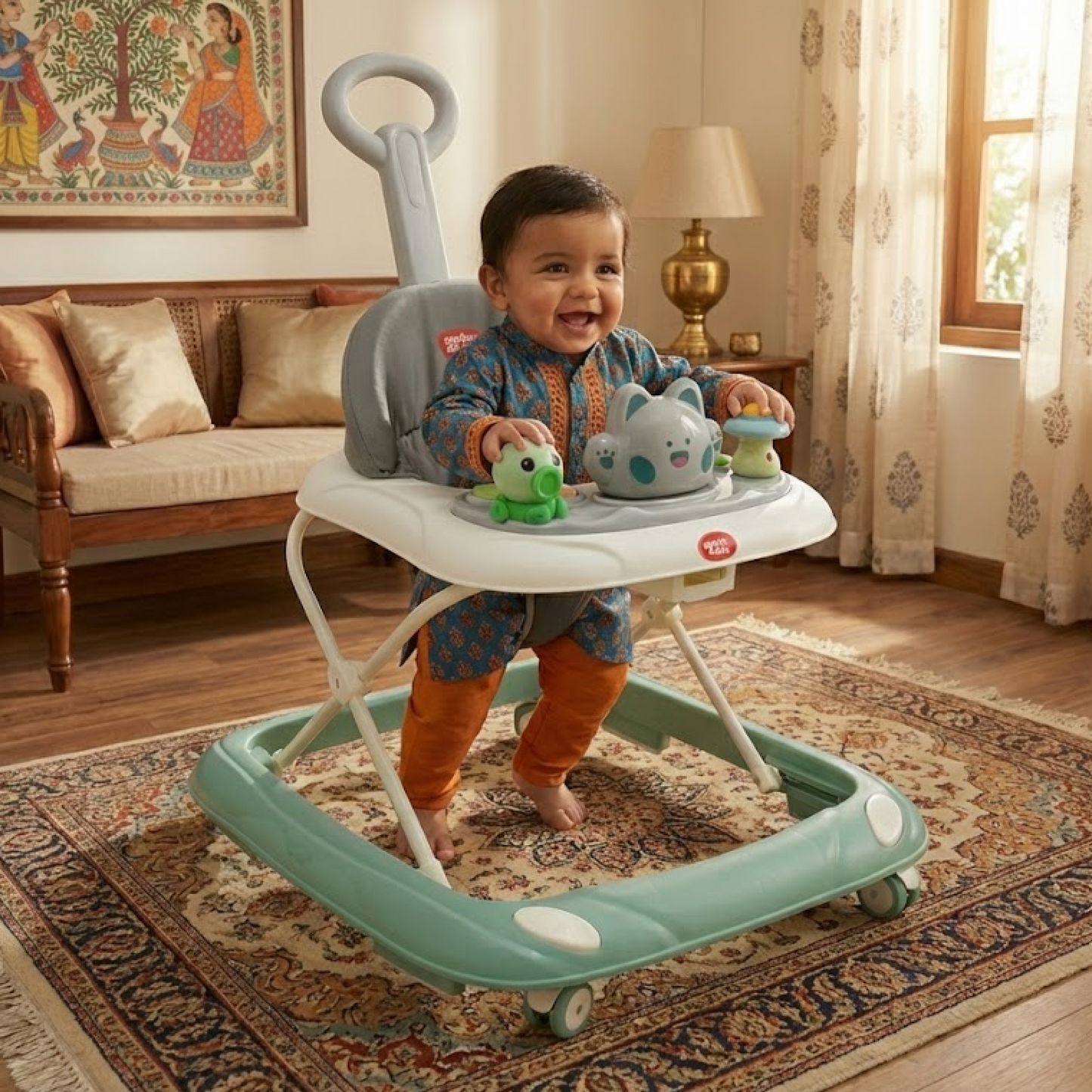 Apple Baby Green Push Walker with Handle | Foldable Activity Center | Sage Green | Adjustable Height