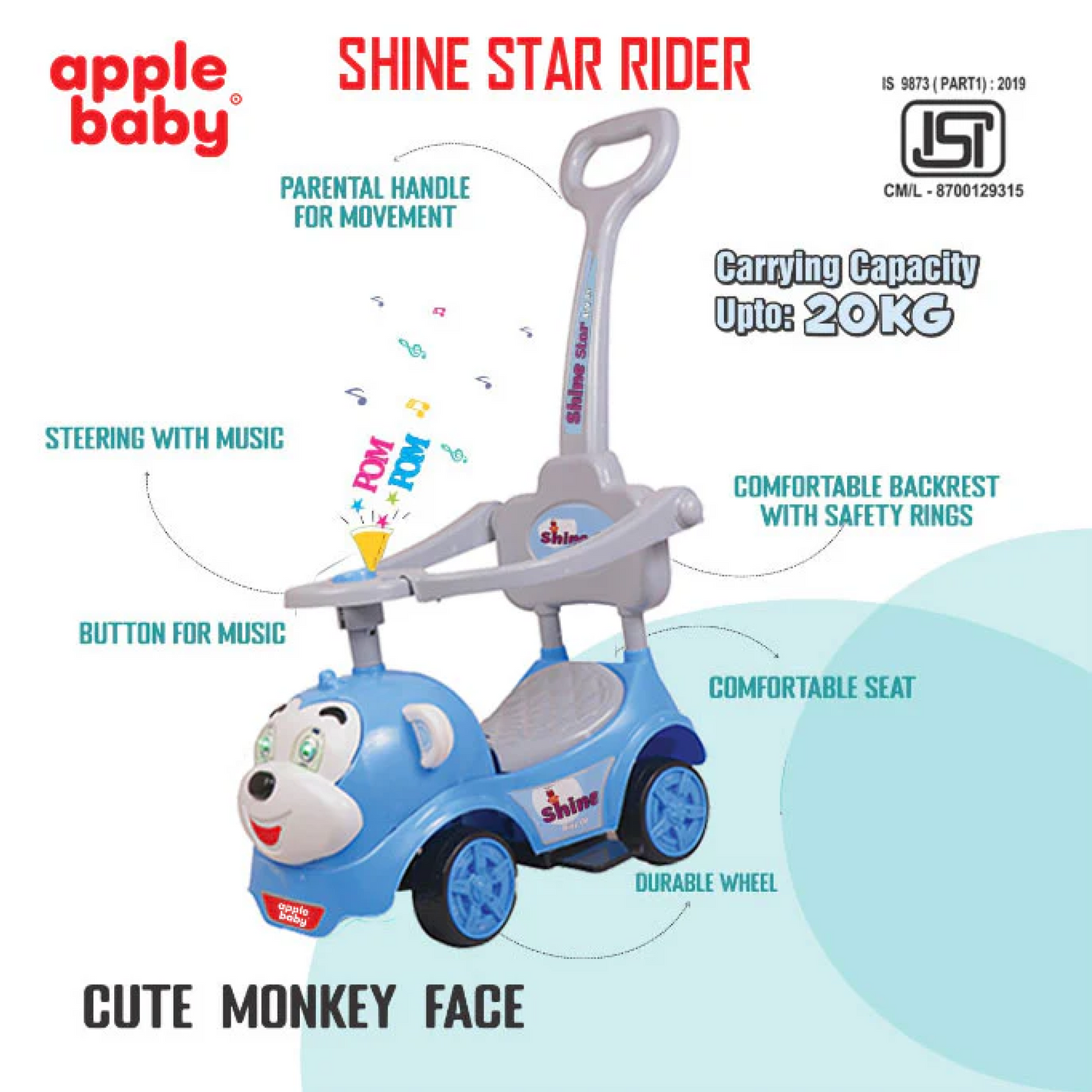 Apple Baby Shine Star 3-in-1 Ride-On Push Car | with Parent Handle & Safety Guardrail | Toddler Stroller Toy