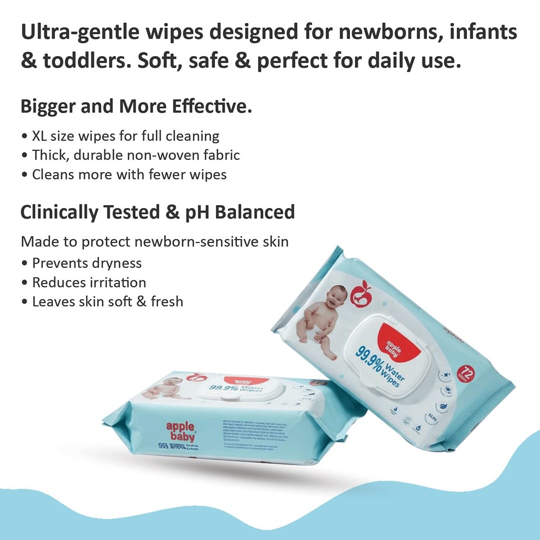 Apple Baby 99.9% Pure Water Wipes | Unscented & Fragrance - Free | 72 Wipes (Pack of 2) Baby Wipes for babies - Bouncing Baby