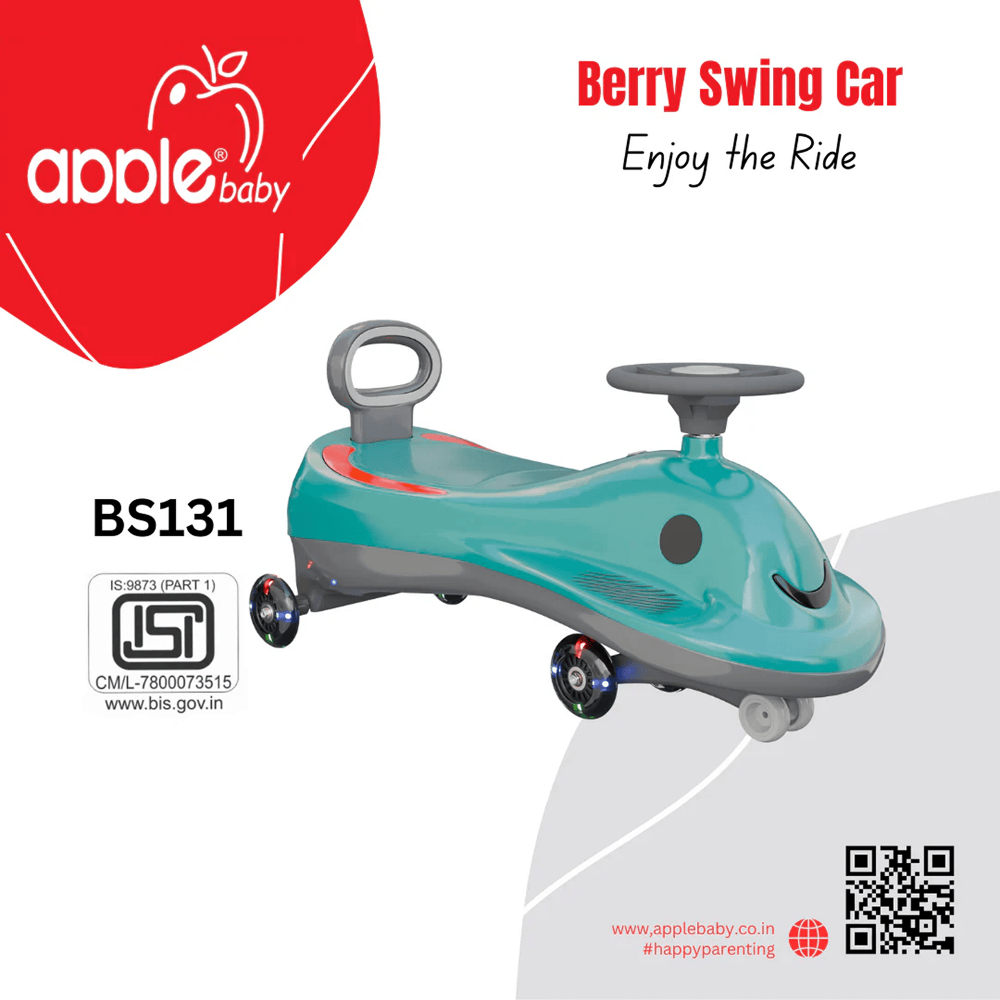Apple Baby Berry Swing Car | Twist Ride - On Toy with LED Wheels | Musical Steering Wheel | Ages 2 - 5 Ride Ons for babies - Dark Green - Bouncing Baby