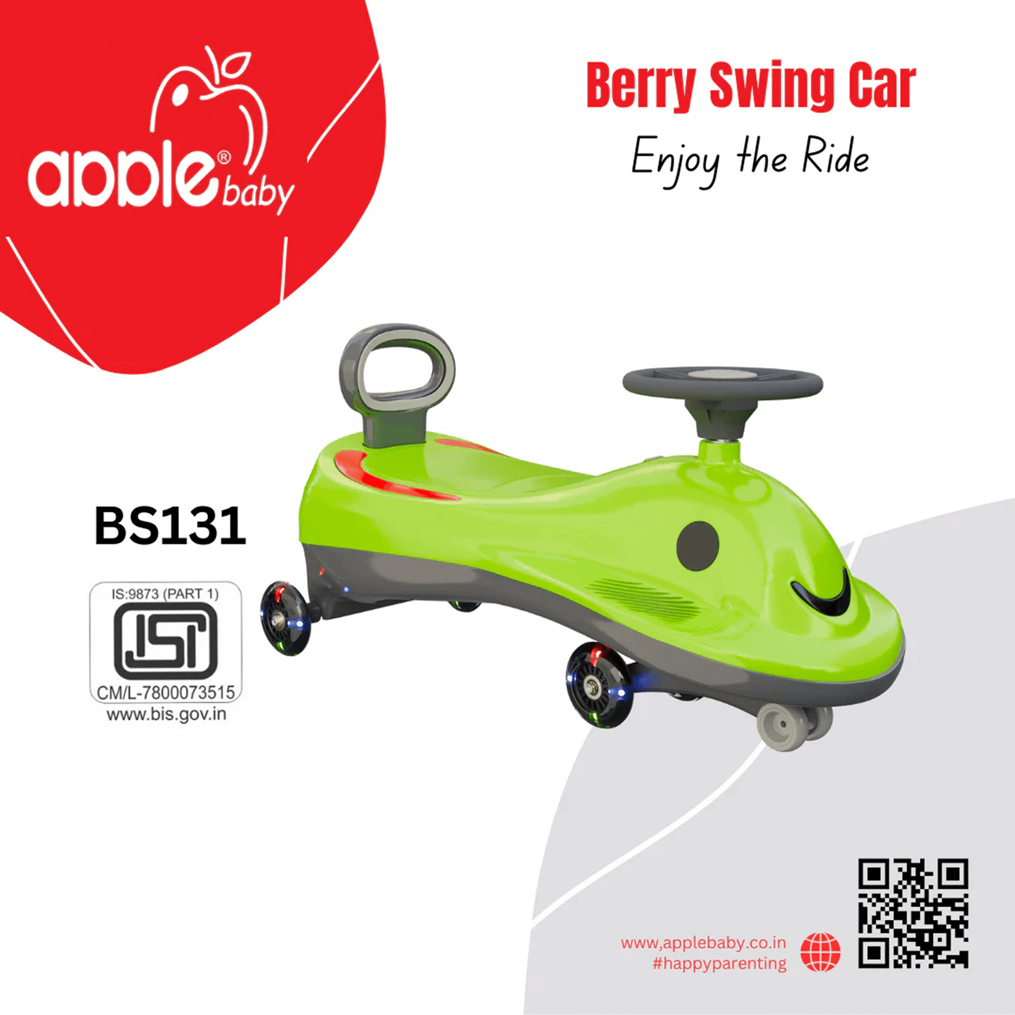 Apple Baby Berry Swing Car | Twist Ride - On Toy with LED Wheels | Musical Steering Wheel | Ages 2 - 5 Ride Ons for babies - Green - Bouncing Baby