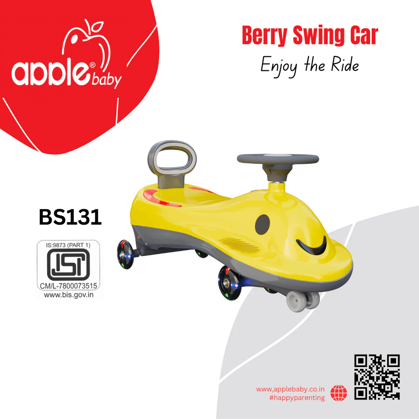 Apple Baby Berry Swing Car | Twist Ride - On Toy with LED Wheels | Musical Steering Wheel | Ages 2 - 5 Ride Ons for babies - Yellow - Bouncing Baby