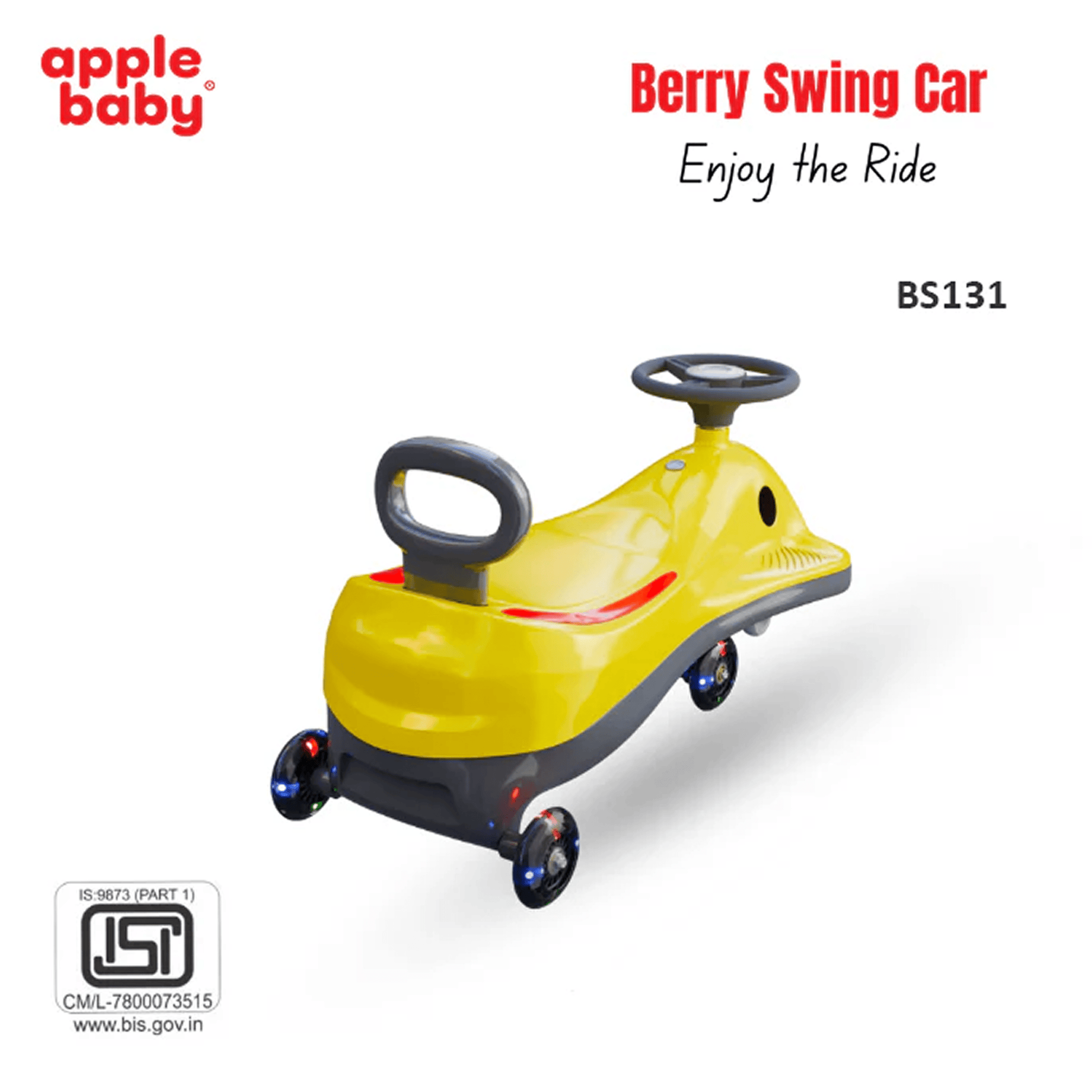 Apple Baby Berry Swing Car | Twist Ride - On Toy with LED Wheels | Musical Steering Wheel | Ages 2 - 5 Ride Ons for babies - Yellow - Bouncing Baby