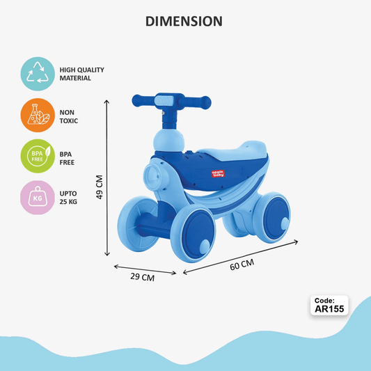 Apple Baby Royal Rider Balance Bike | 4 - Wheel Ride - On Toy | First Push Bicycle for Toddlers | Ages 10M - 3Y Ride Ons for babies - Blue - Bouncing Baby