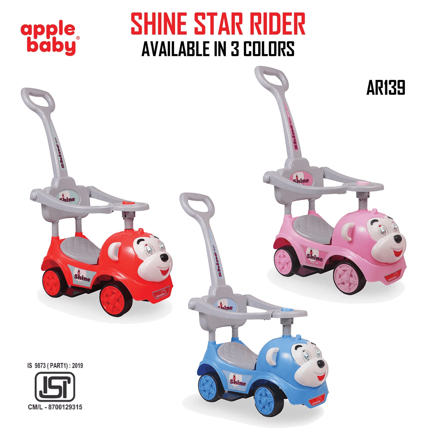 Apple Baby Shine Star 3 - in - 1 Ride - On Push Car | with Parent Handle & Safety Guardrail | Toddler Stroller Toy Ride Ons for babies - Red - Bouncing Baby