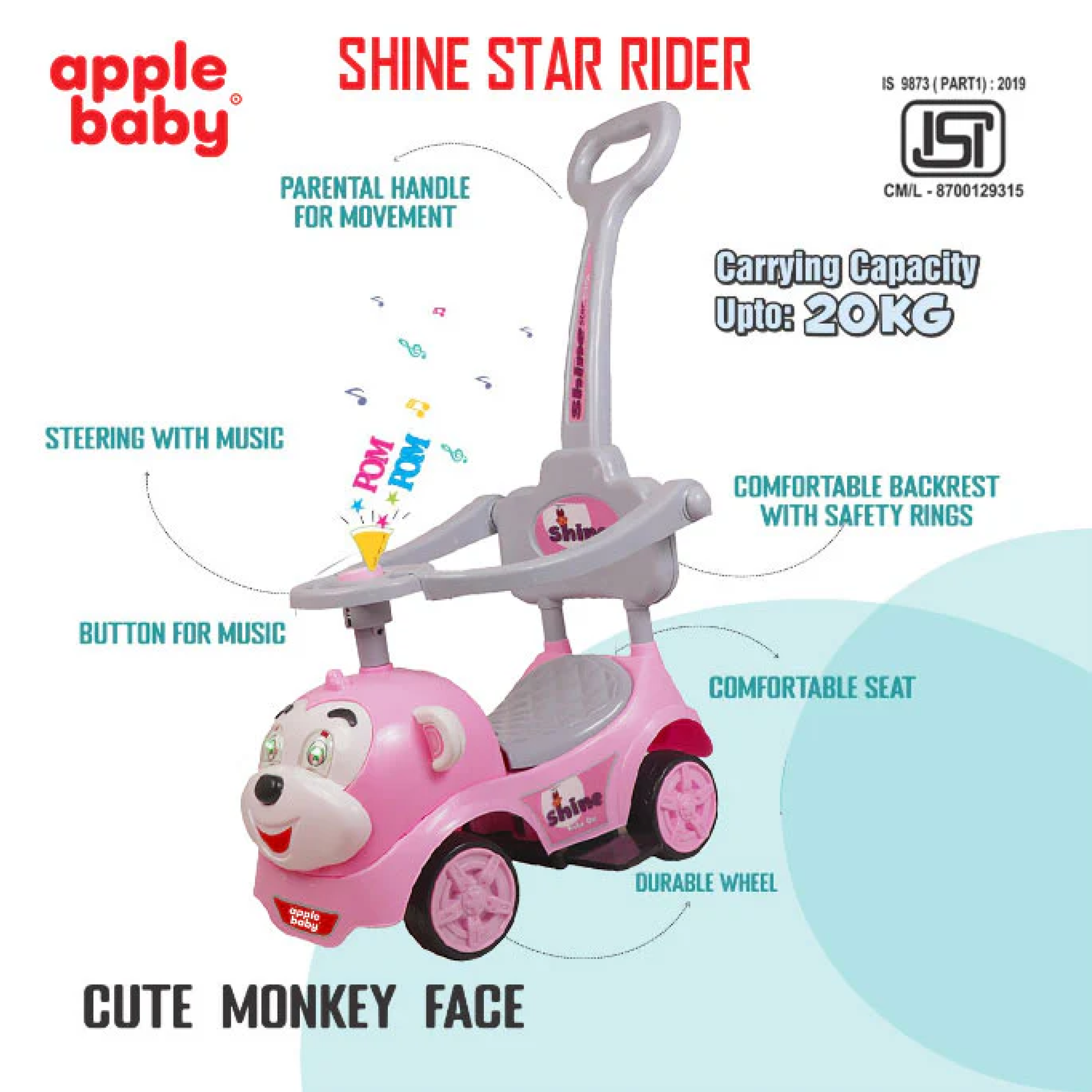 Apple Baby Shine Star 3 - in - 1 Ride - On Push Car | with Parent Handle & Safety Guardrail | Toddler Stroller Toy Ride Ons for babies - Red - Bouncing Baby