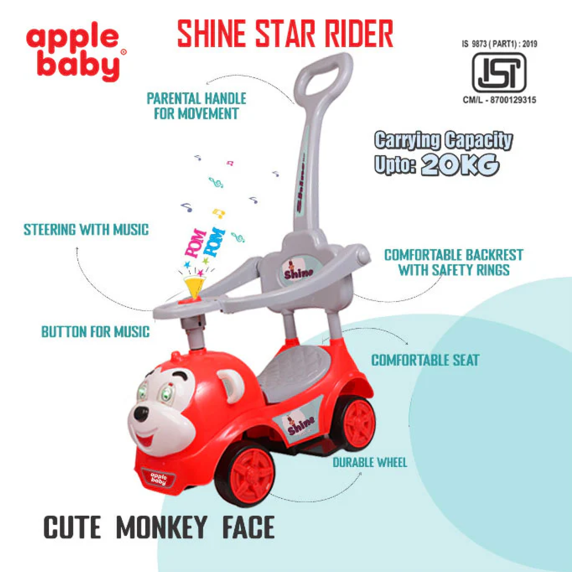 Apple Baby Shine Star 3 - in - 1 Ride - On Push Car | with Parent Handle & Safety Guardrail | Toddler Stroller Toy Ride Ons for babies - Red - Bouncing Baby
