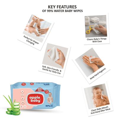 Apple Baby Wipes | 99% Pure Water & Aloe Vera | pH 5.5 Balanced | 72 Wipes (Pack of 2) Baby Wipes for babies - Bouncing Baby