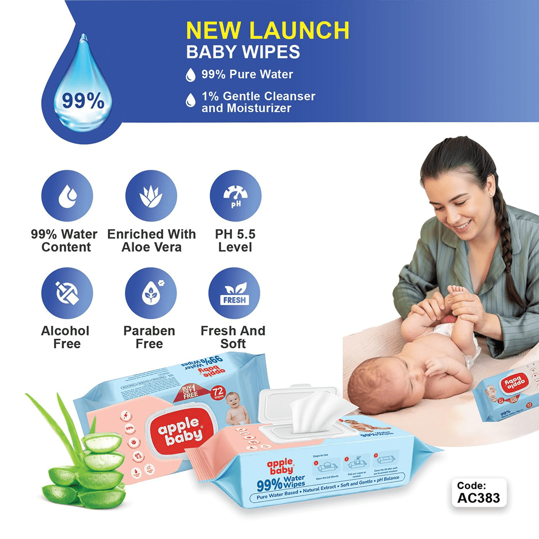 Apple Baby Wipes | 99% Pure Water & Aloe Vera | pH 5.5 Balanced | 72 Wipes (Pack of 2) Baby Wipes for babies - Bouncing Baby