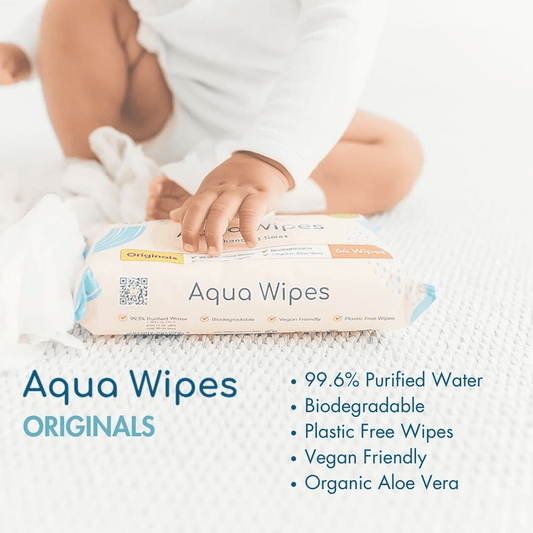 Aqua Wipes Originals | 100% Biodegradable & Plastic Free | 99.6% Purified Water Baby Wipes for babies - 64 - Bouncing Baby