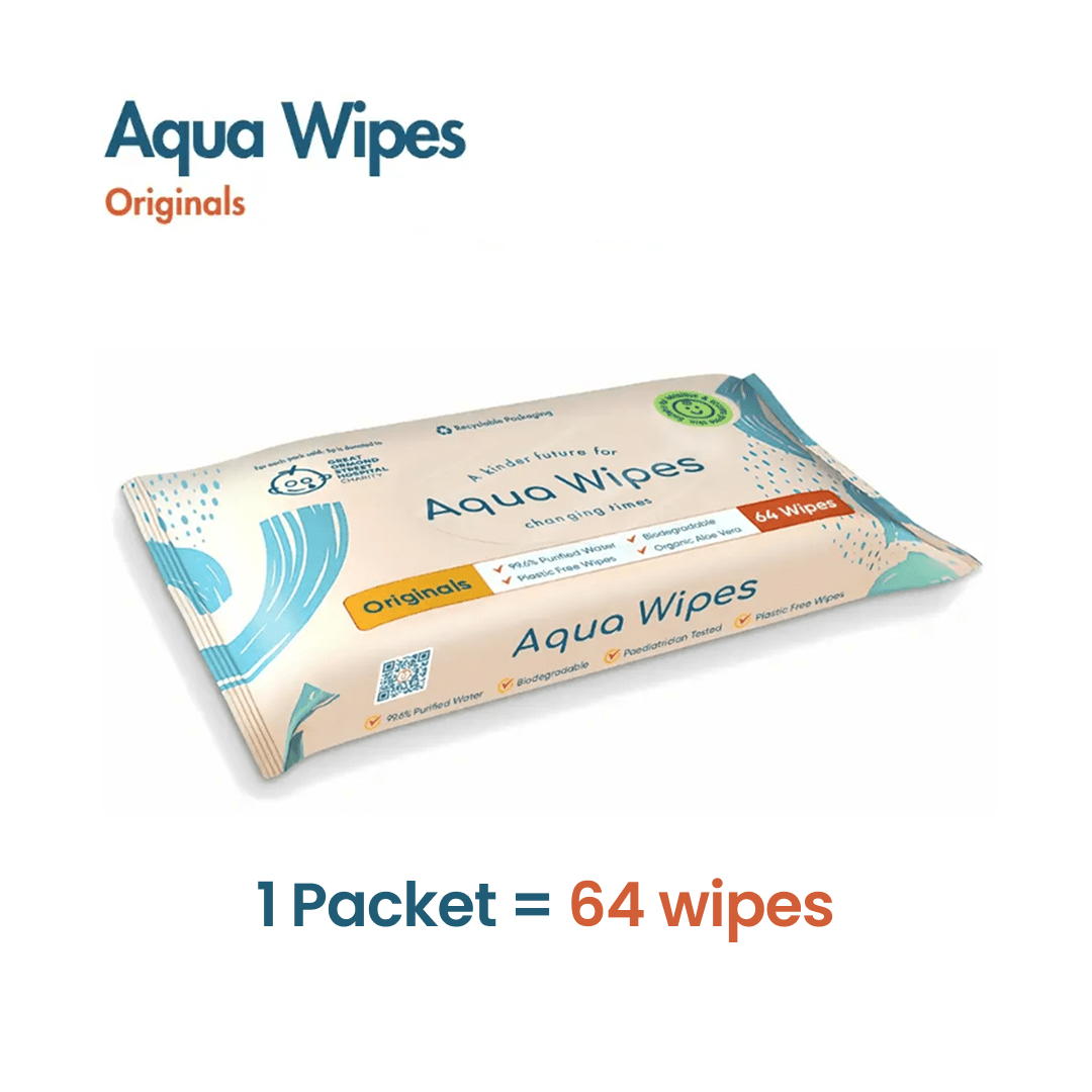 Aqua Wipes Originals | 100% Biodegradable & Plastic Free | 99.6% Purified Water Baby Wipes for babies - 64 - Bouncing Baby