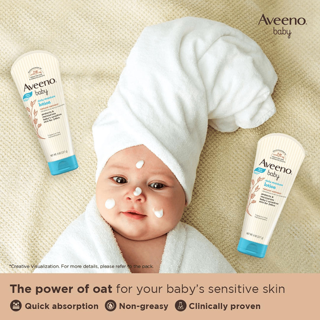 Aveeno Baby Daily Care Moisturising Lotion | Prebiotic Colloidal Oatmeal | Unscented & For Sensitive Skin Baby Lotions for babies - 227g - Bouncing Baby