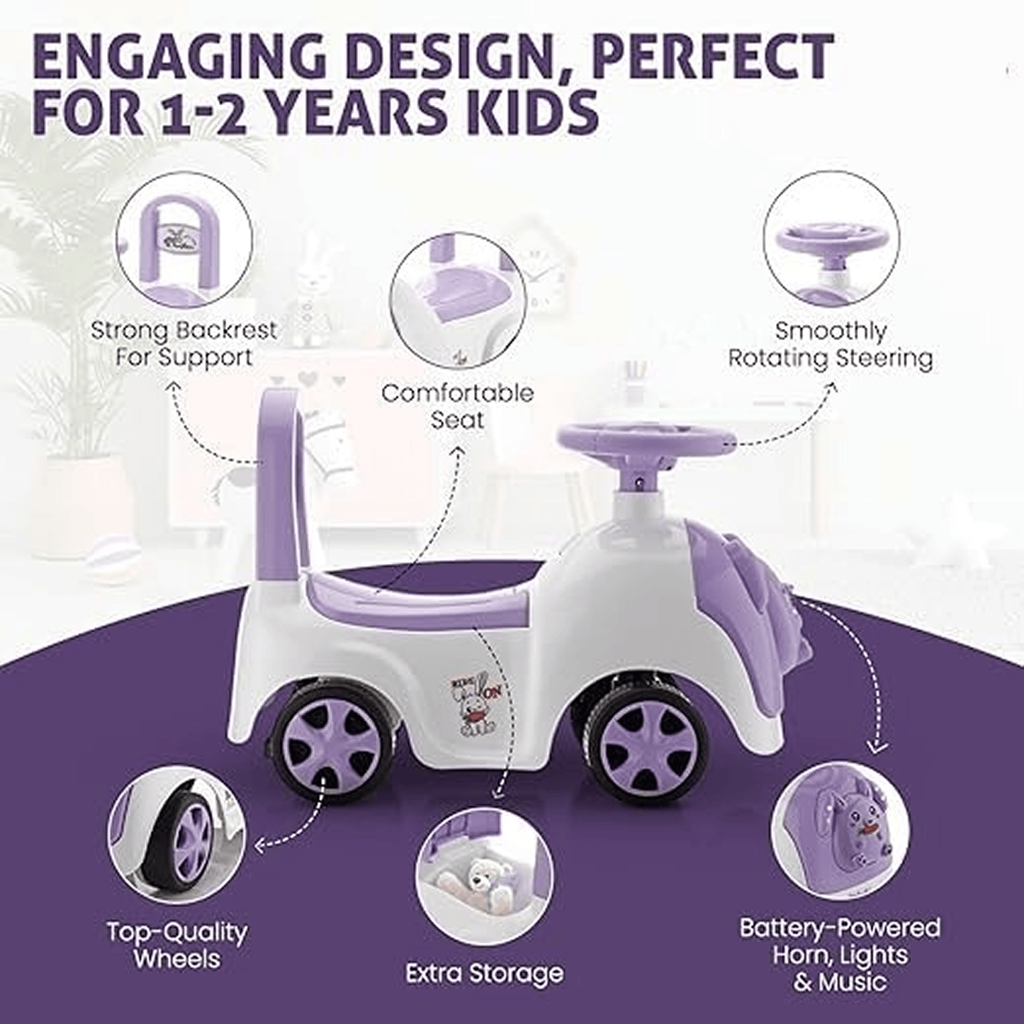 Baabus Rabbit Ride - On Push Car | Purple Bunny Design | Foot - to - Floor Walker Toy | Music & Light Ride Ons for babies - Bouncing Baby