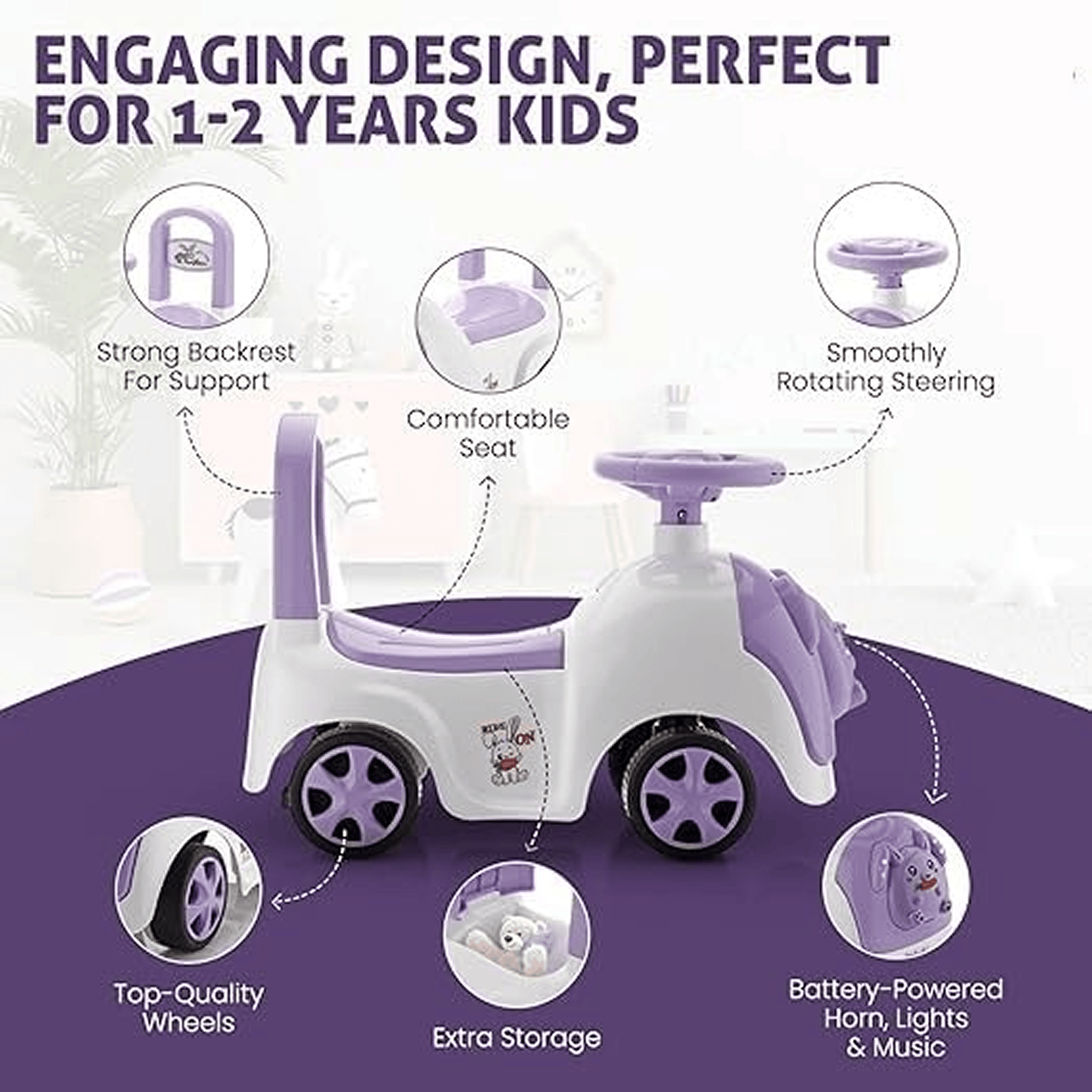 Baabus Rabbit Ride - On Push Car | Purple Bunny Design | Foot - to - Floor Walker Toy | Music & Light Ride Ons for babies - Bouncing Baby