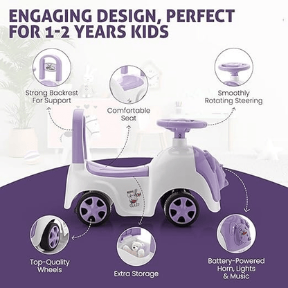 Baabus Rabbit Ride - On Push Car | Purple Bunny Design | Foot - to - Floor Walker Toy | Music & Light Ride Ons for babies - Bouncing Baby