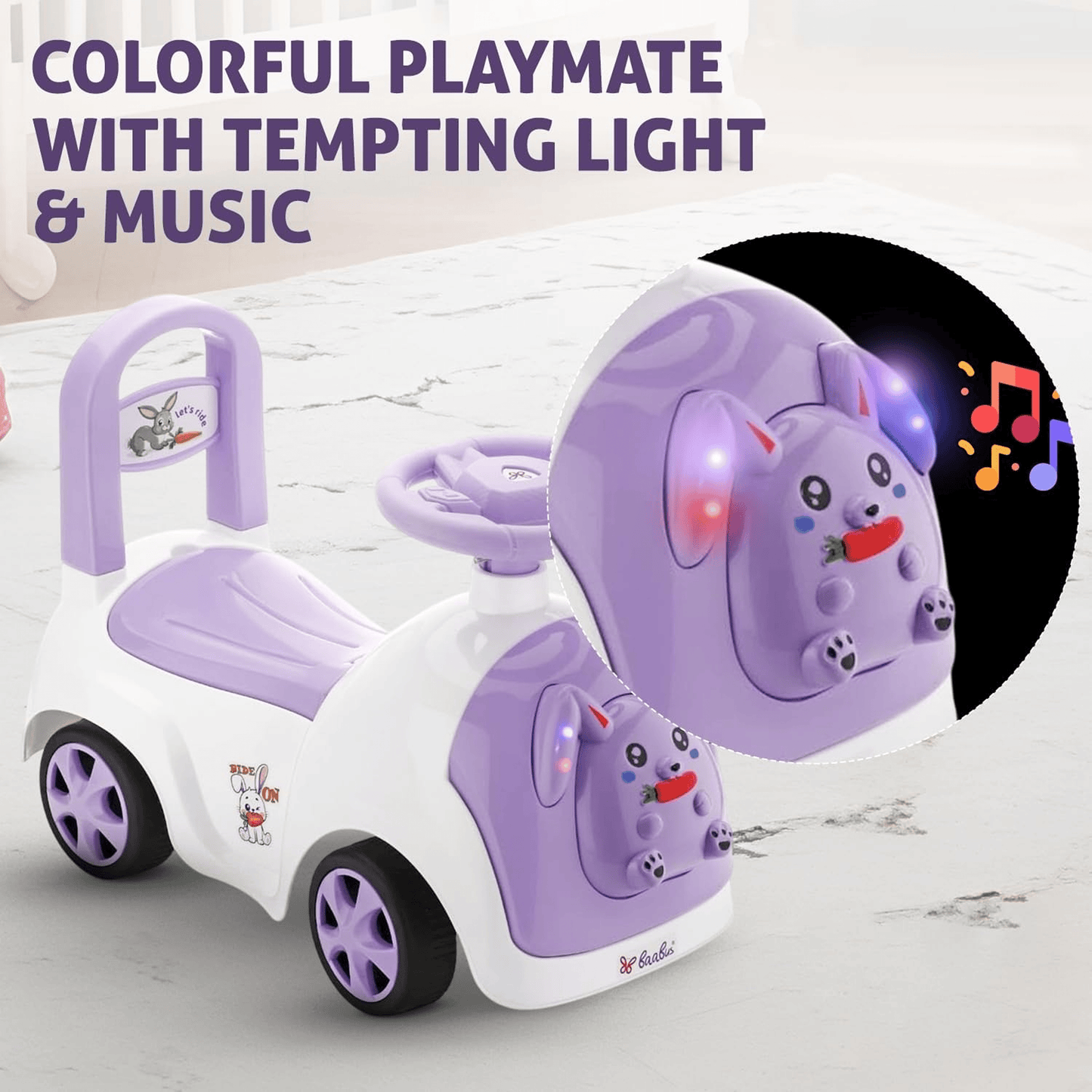 Baabus Rabbit Ride - On Push Car | Purple Bunny Design | Foot - to - Floor Walker Toy | Music & Light Ride Ons for babies - Bouncing Baby