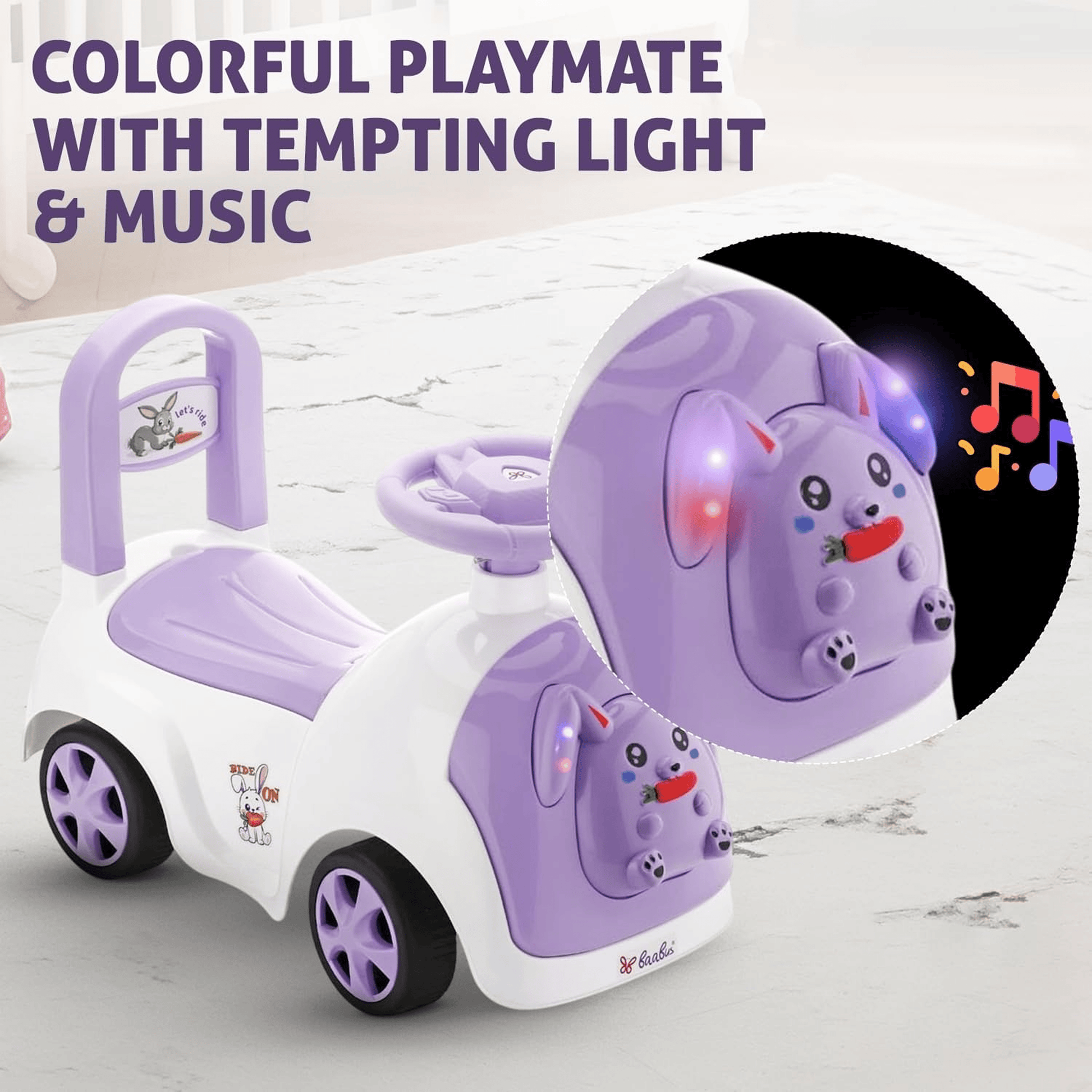 Baabus Rabbit Ride - On Push Car | Purple Bunny Design | Foot - to - Floor Walker Toy | Music & Light Ride Ons for babies - Bouncing Baby