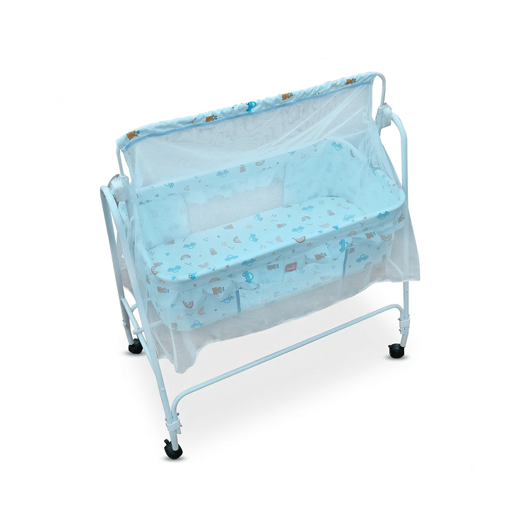 Blue Baby Cradle with Mosquito Net & Wheels | Swinging Newborn Bassinet | Transport & Travel Print Baby Cradles for babies - Bouncing Baby