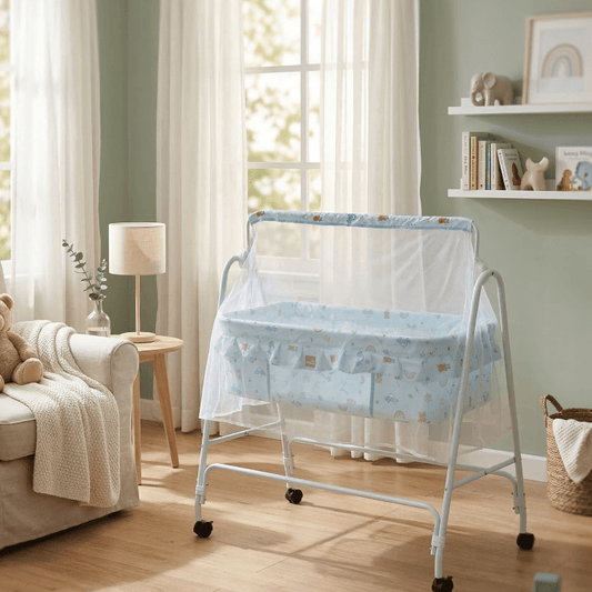 Blue Baby Cradle with Mosquito Net & Wheels | Swinging Newborn Bassinet | Transport & Travel Print Baby Cradles for babies - Bouncing Baby