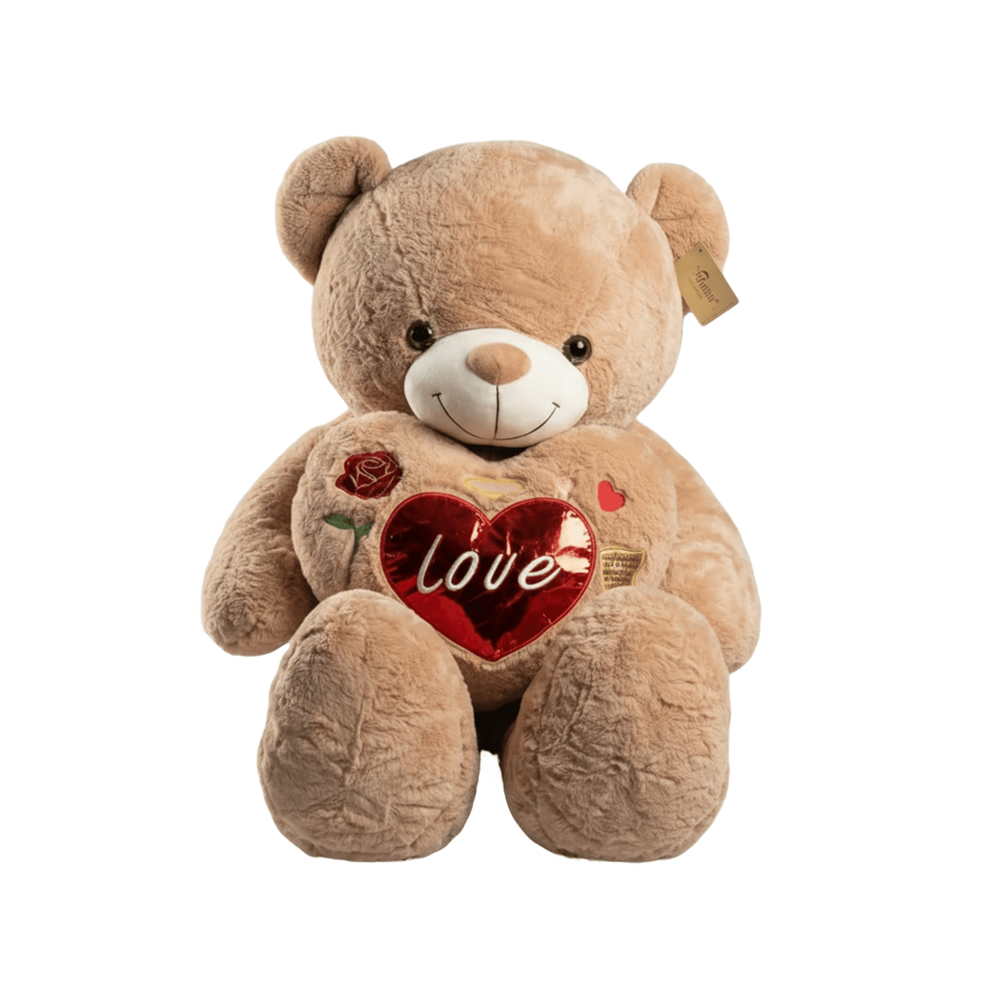 Brown Plush Teddy Bear | Holding Red "Love" Heart | Embroidered Rose Detail | Romantic Gift Soft Toys for babies - Bouncing Baby