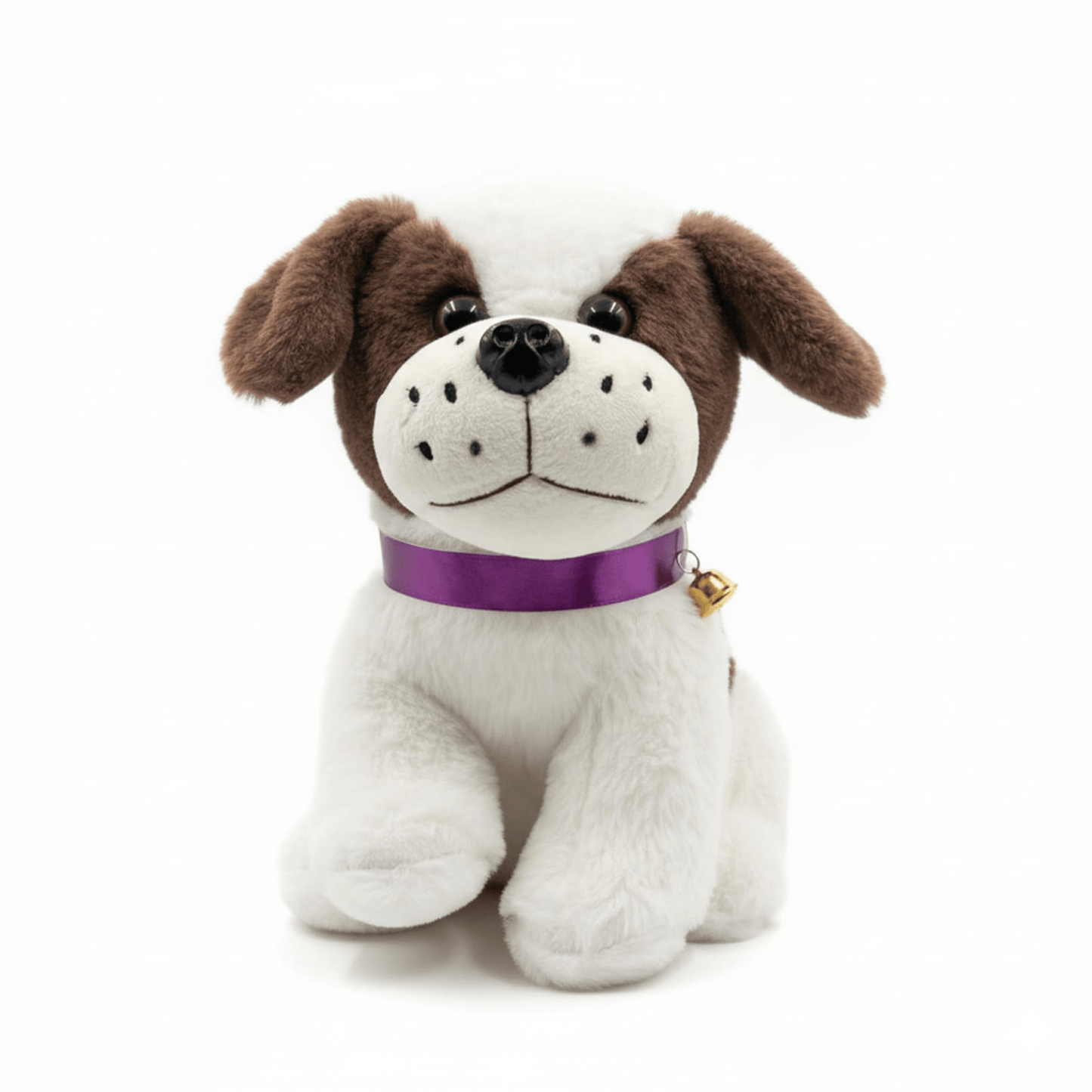 Brown & White Puppy Dog Soft Toy | Plush St. Bernard Style | Purple Collar with Golden Bell Soft Toys for babies - Bouncing Baby
