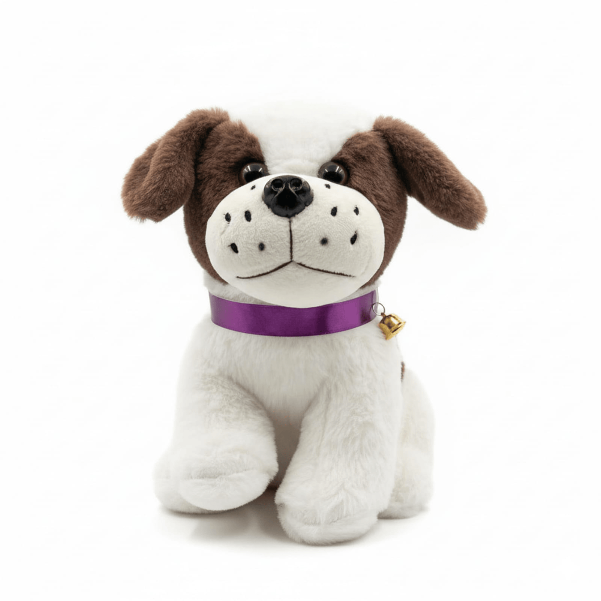 Brown & White Puppy Dog Soft Toy | Plush St. Bernard Style | Purple Collar with Golden Bell Soft Toys for babies - Bouncing Baby