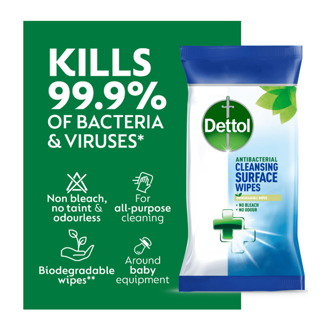 Dettol Antibacterial Cleansing Surface Wipes | Biodegradable & Kills 99.9% Bacteria Surface Wipes for babies - 30 - Bouncing Baby