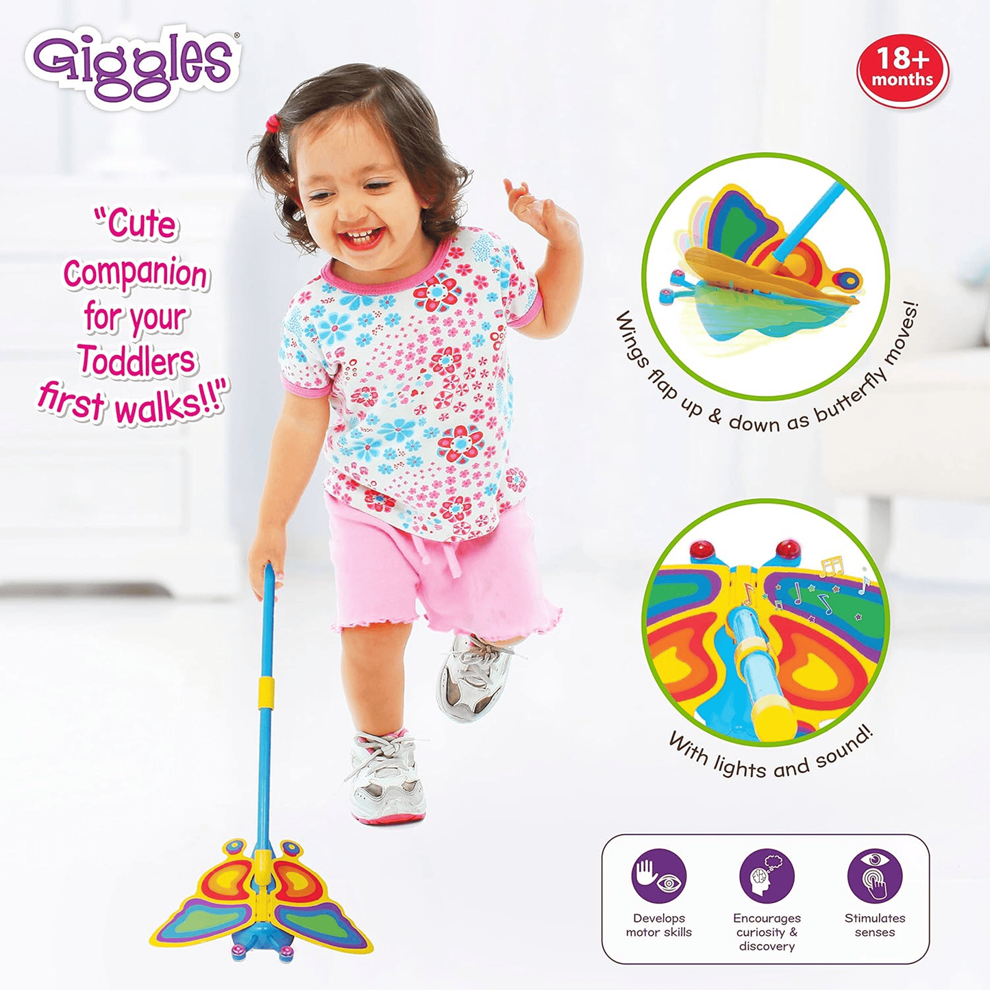 Funskool Giggles Betty the Butterfly | Musical Push - Along Walker Toy | Flapping Wings Baby Walkers for babies - Bouncing Baby