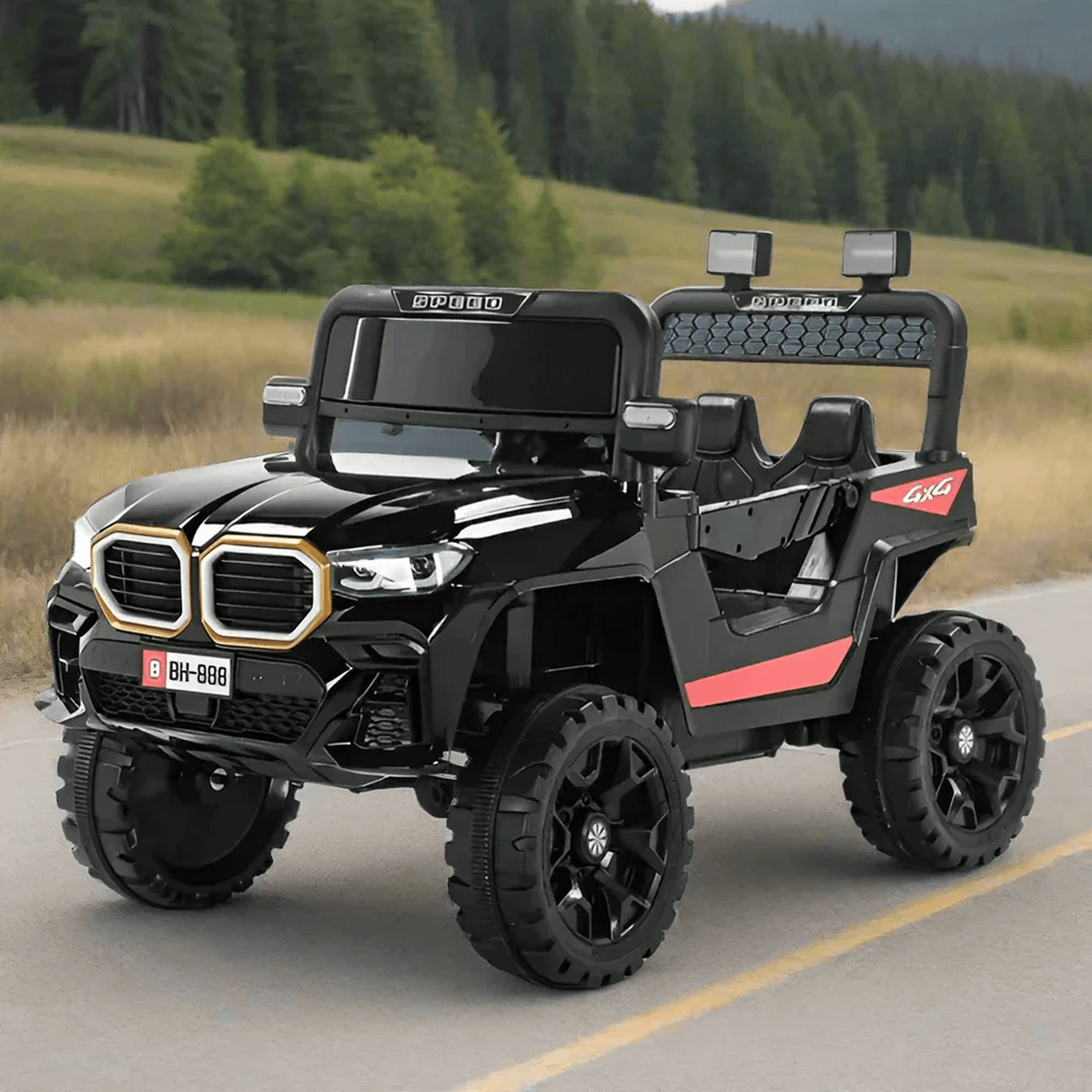 Kids Black Electric Ride - On Jeep SUV | 12V Battery Operated | 4x4 Style with Roll Bar Lights | Remote Control Ride Ons for babies - Bouncing Baby