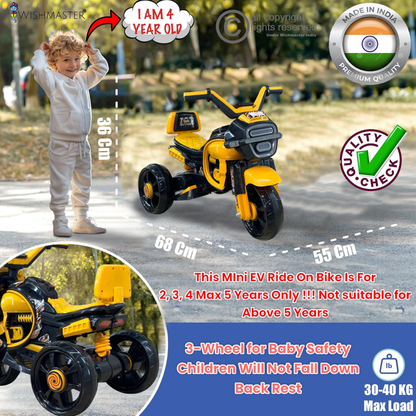 Kids Electric Ride - On Motorcycle Trike | Battery Operated | Yellow & Black | LED Lights | Ages 2 - 5 Ride Ons for babies - Bouncing Baby