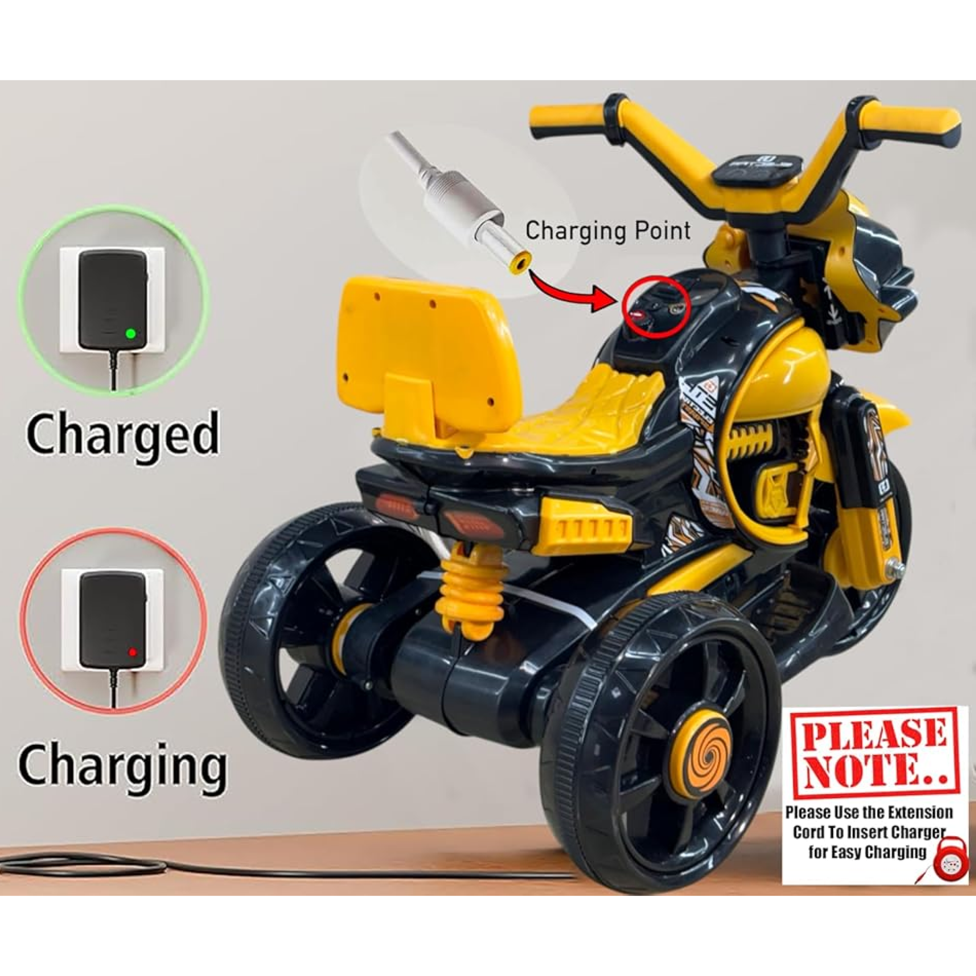Kids Electric Ride - On Motorcycle Trike | Battery Operated | Yellow & Black | LED Lights | Ages 2 - 5 Ride Ons for babies - Bouncing Baby