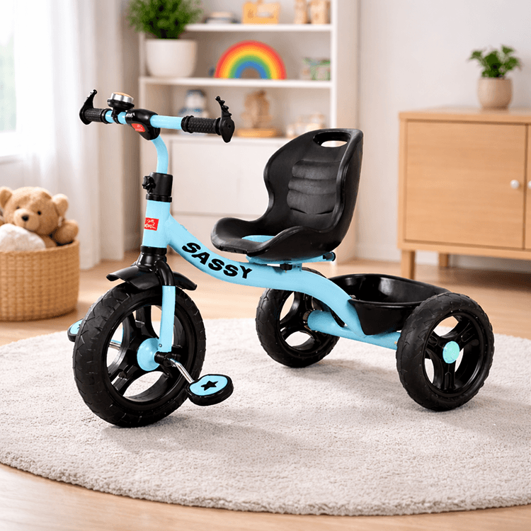 Kids Light Blue Tricycle with Rear Storage Basket | Sassy Toddler Trike | Sturdy First Bike Tricycles for babies - Bouncing Baby