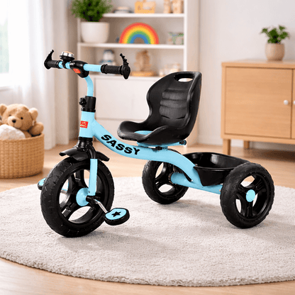 Kids Light Blue Tricycle with Rear Storage Basket | Sassy Toddler Trike | Sturdy First Bike Tricycles for babies - Bouncing Baby