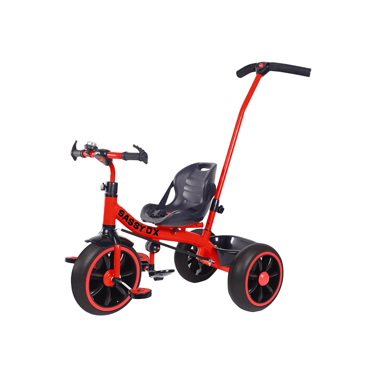 Kids Red Tricycle with Parent Push Handle & Safety Harness | Sassy DX Toddler Trike Tricycles for babies - Bouncing Baby