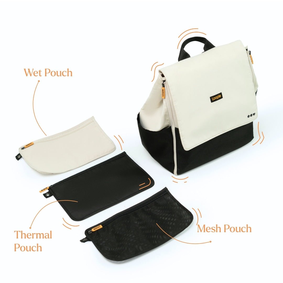 Loopie Robin Premium Diaper Bag | 30L Maternity Backpack with Changing Mat Baby Gear for babies - Ivory - Bouncing Baby