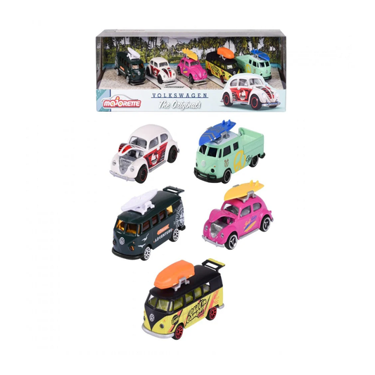 Majorette Volkswagen The Originals Gift Pack | 5 Die - Cast Cars | VW Beetle & T1 Bus | Vintage Surf Edition Die - Cast Toys for babies - Bouncing Baby
