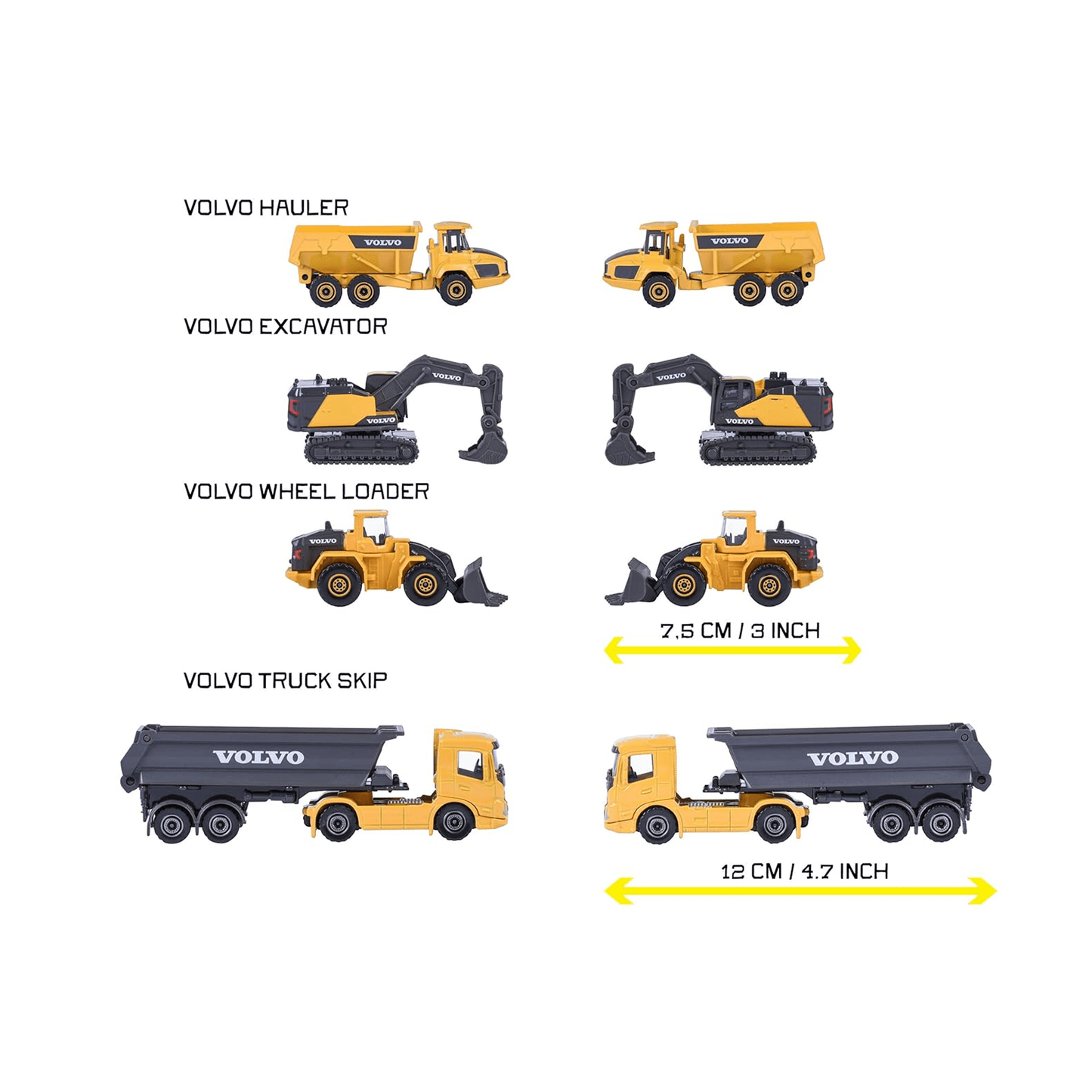 Majorette Volvo Construction Gift Pack | 4 Die - Cast Vehicles | Excavator, Dump Truck & Loader | Moving Parts Die - Cast Toys for babies - Bouncing Baby