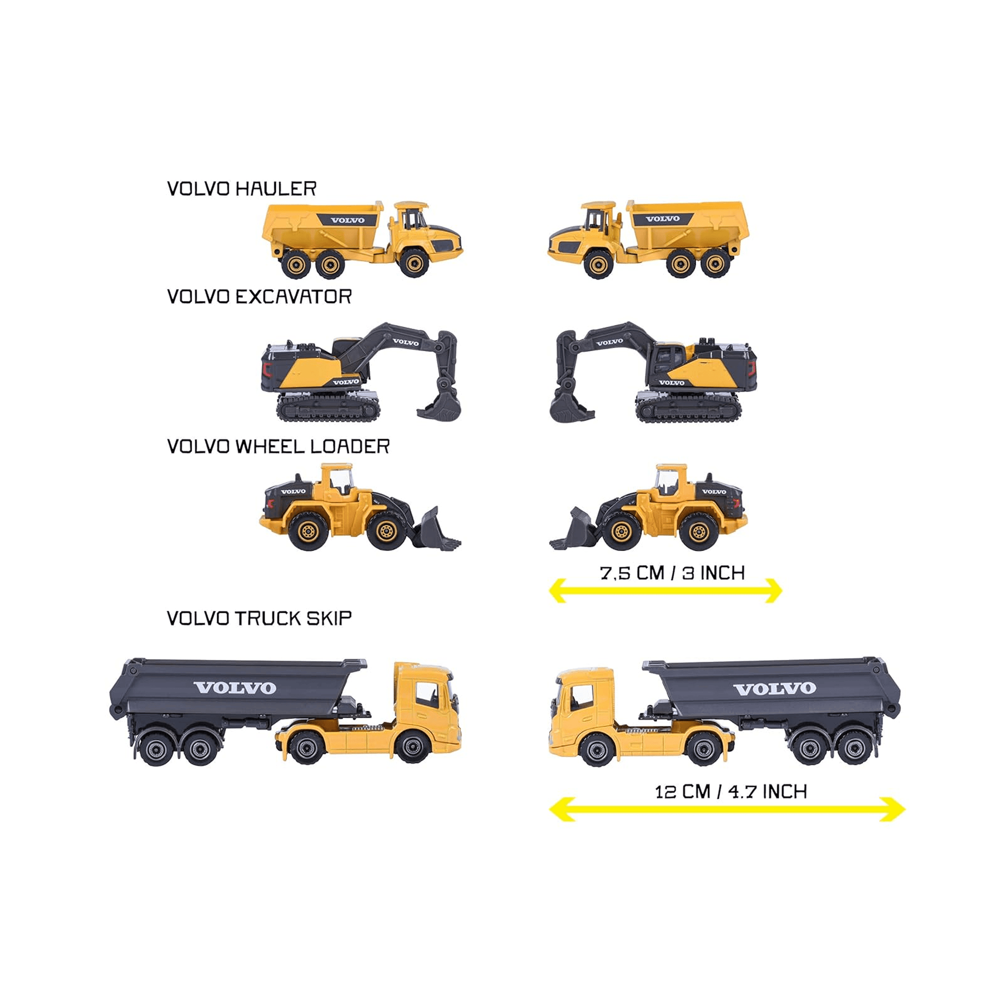 Majorette Volvo Construction Gift Pack | 4 Die - Cast Vehicles | Excavator, Dump Truck & Loader | Moving Parts Die - Cast Toys for babies - Bouncing Baby