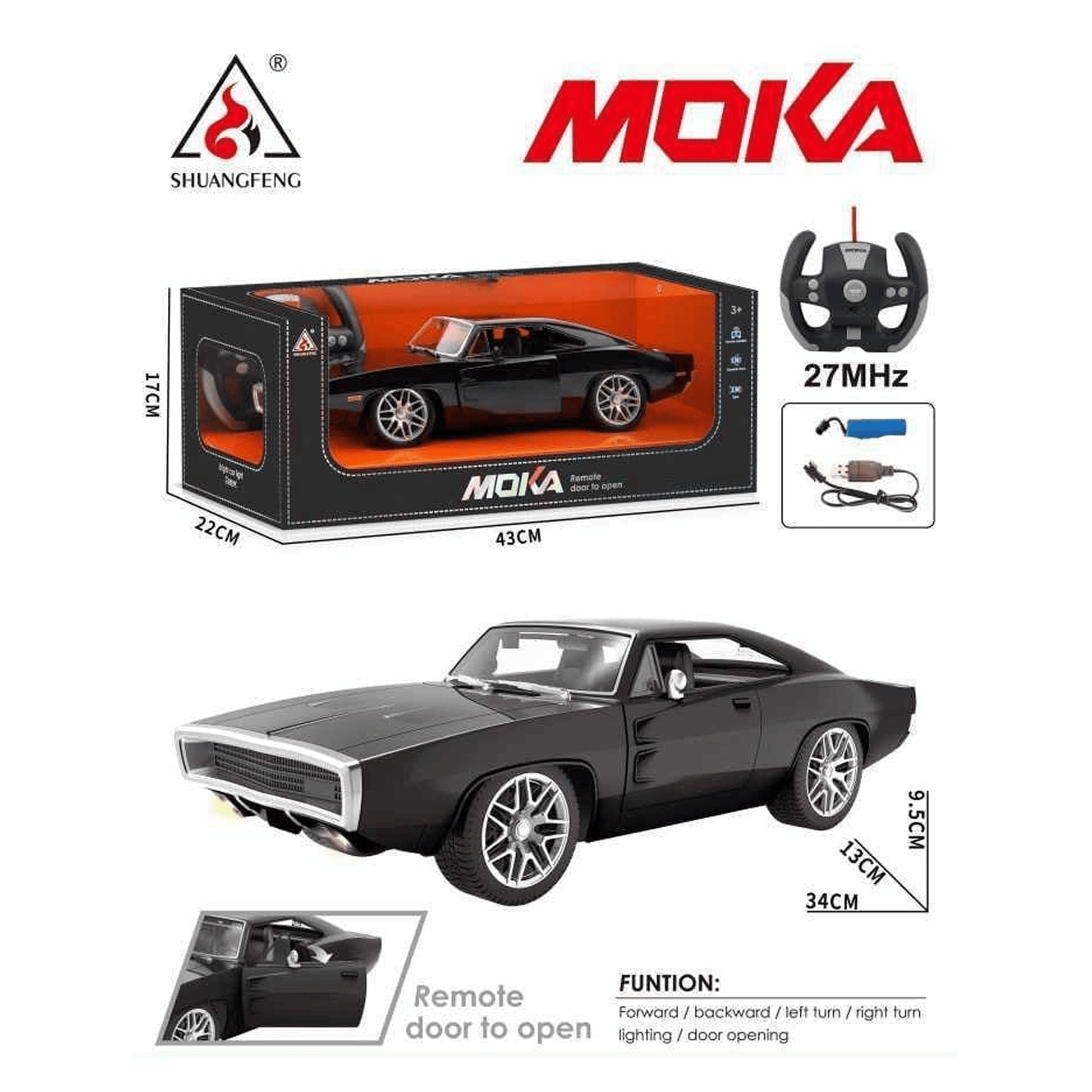 Moka RC Classic Muscle Car | 1:12 Scale Black Charger Style | Remote Opening Doors & Lights | 27MHz Remote Control Toys for babies - Bouncing Baby