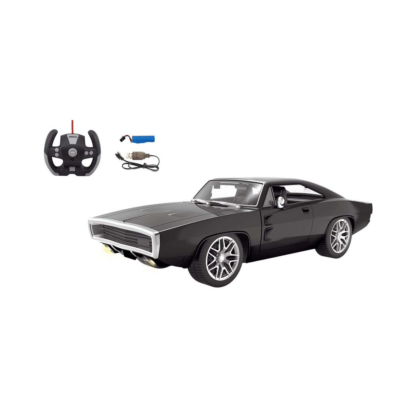 Moka RC Classic Muscle Car | 1:12 Scale Black Charger Style | Remote Opening Doors & Lights | 27MHz Remote Control Toys for babies - Bouncing Baby