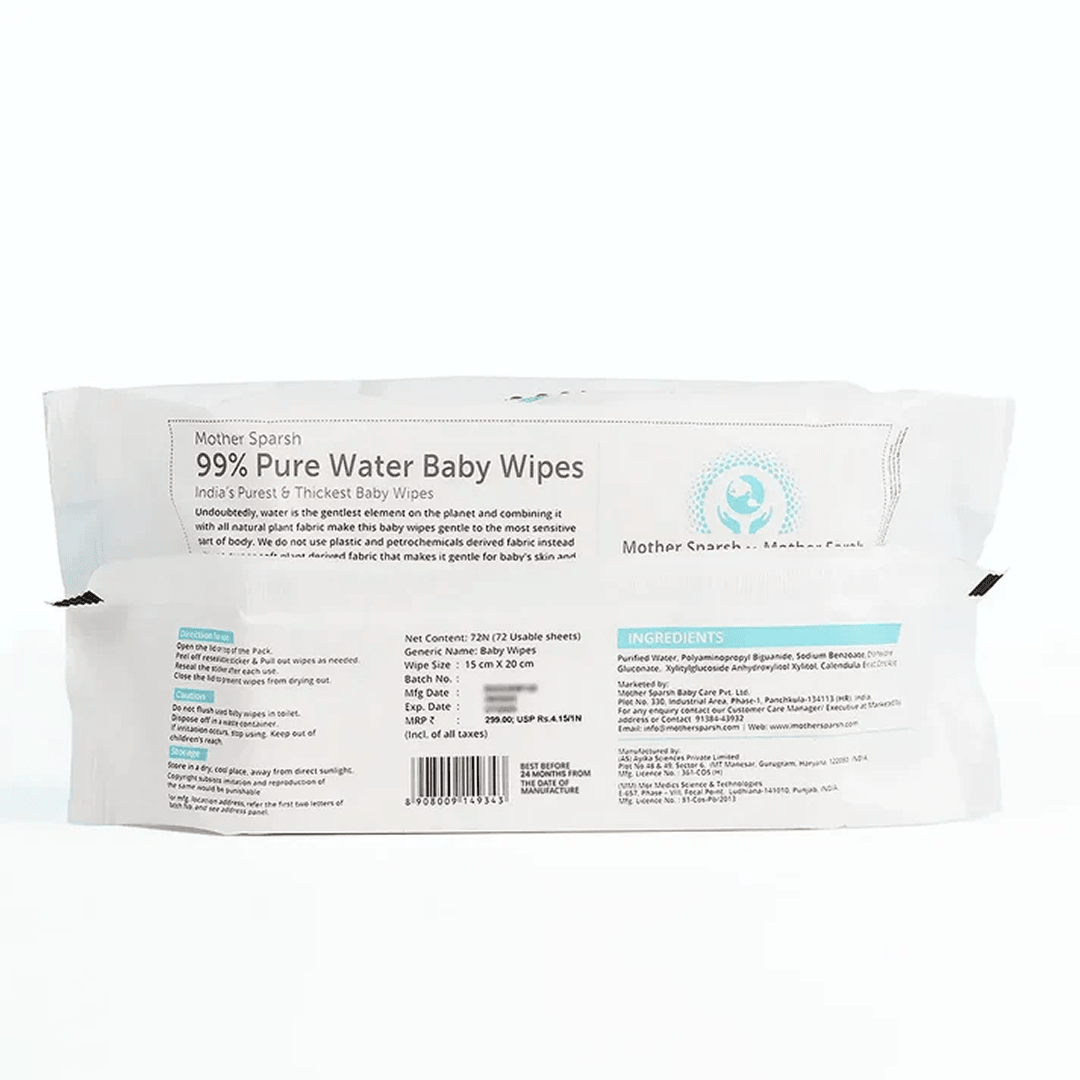 Mother Sparsh 99% Pure Water Baby Wipes | Unscented & Extra Thick | 100% Biodegradable | 72 Wipes Baby Wipes for babies - Bouncing Baby